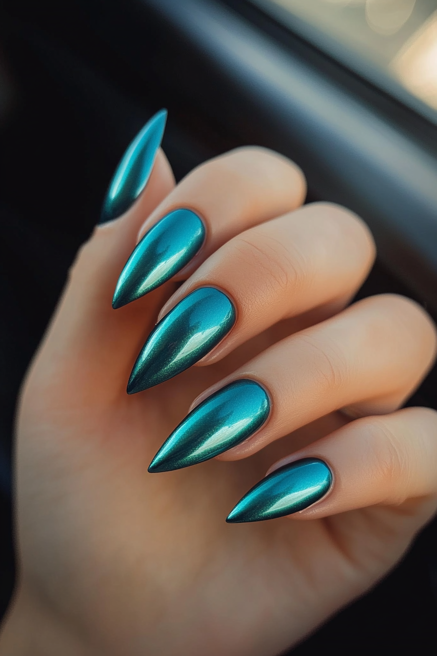 11. Teal with Chrome Finish (Teal Color Nail Design Ideas) - Teal Color Nail Design Ideas