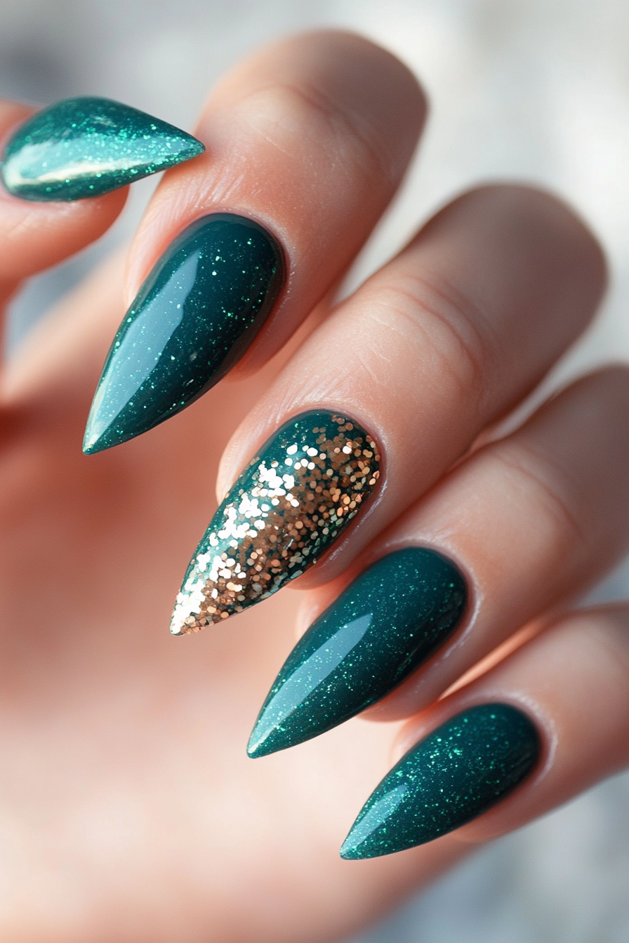 12. Teal and Rose Gold Sparkle (Teal Color Nail Design Ideas) - Teal Color Nail Design Ideas