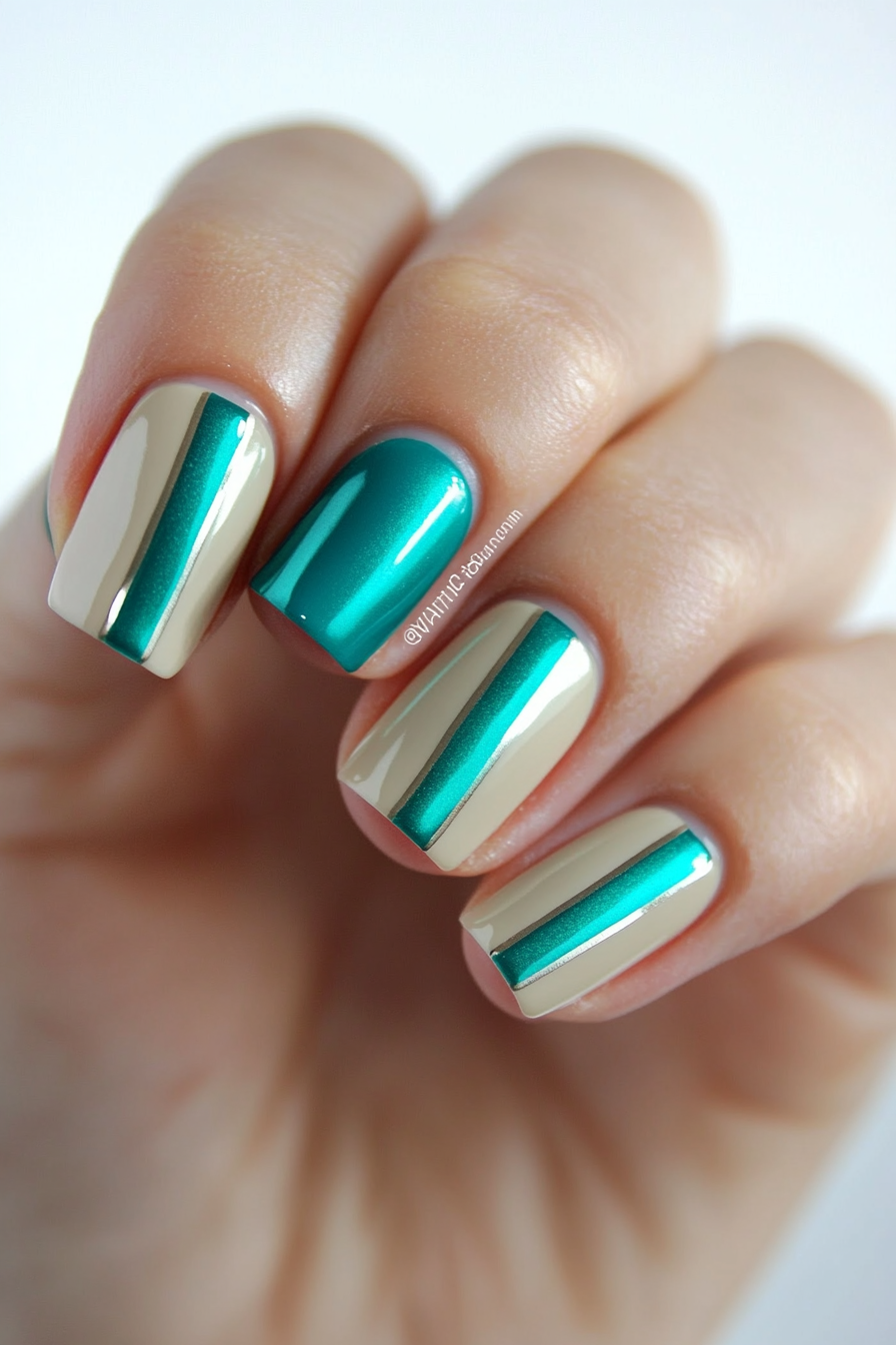 13. Teal Stripes on Light Beige (Teal Color Nail Design Ideas) - Teal Color Nail Design Ideas