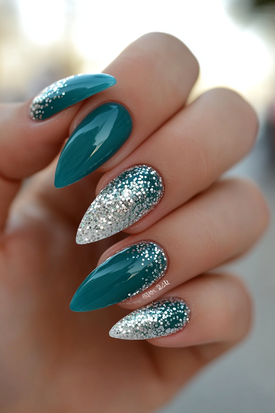 14. Teal and Silver Glitter French Tips (Teal Color Nail Design Ideas) - Teal Color Nail Design Ideas