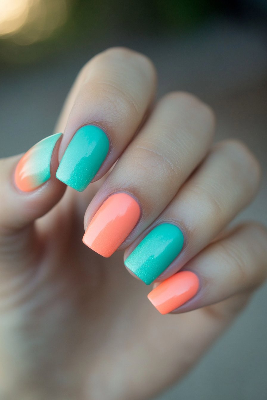 15. Teal and Coral Gradient (Teal Color Nail Design Ideas) - Teal Color Nail Design Ideas