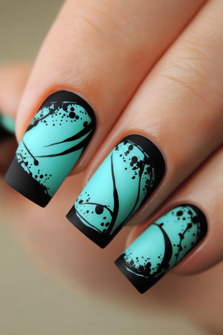 16. Teal with Black Matte Abstract Art (Teal Color Nail Design Ideas) - Teal Color Nail Design Ideas