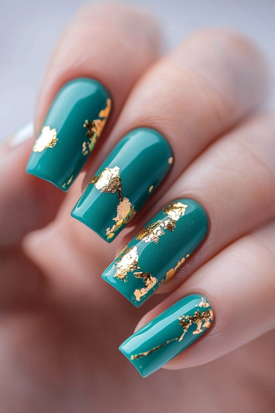 17. Teal with Gold Leaf (Teal Color Nail Design Ideas) - Teal Color Nail Design Ideas