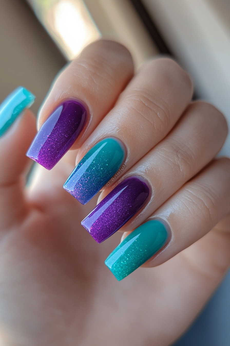 19. Teal and Purple Gradient (Teal Color Nail Design Ideas) - Teal Color Nail Design Ideas