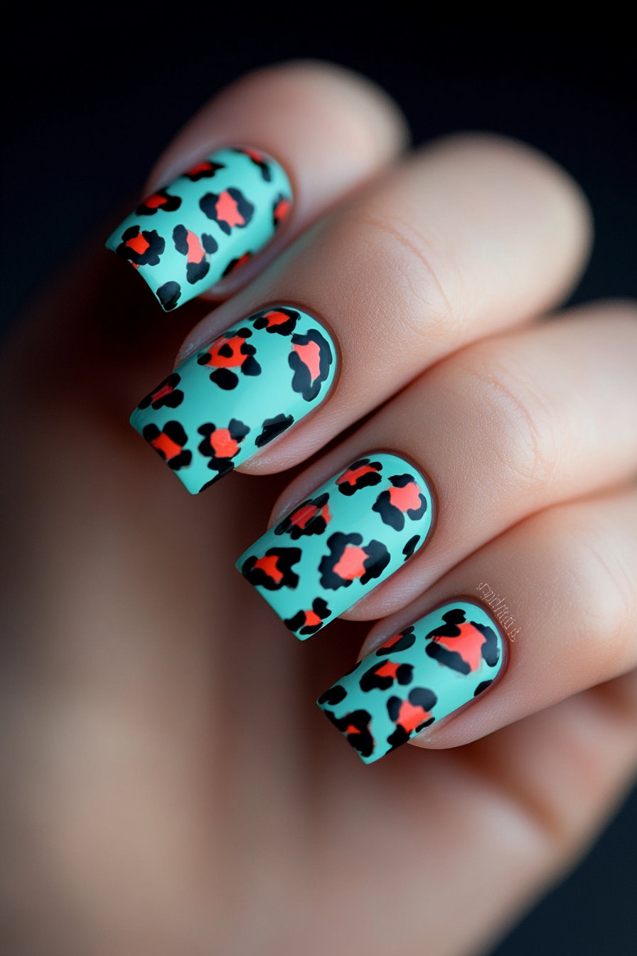 20. Teal Leopard Print with Red Accents (Teal Color Nail Design Ideas) - Teal Color Nail Design Ideas