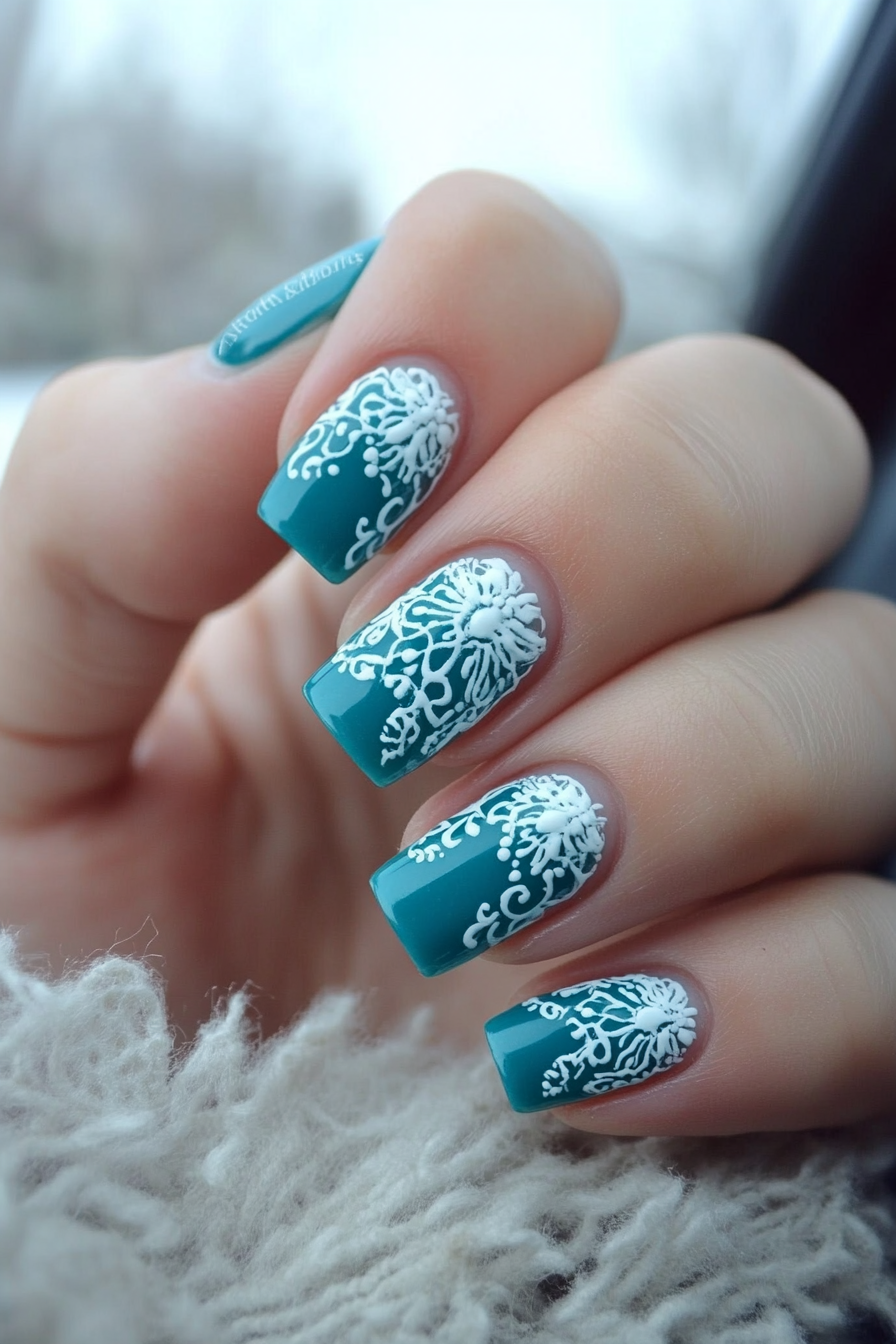 21. Teal with White Lace Detailing (Teal Color Nail Design Ideas) - Teal Color Nail Design Ideas