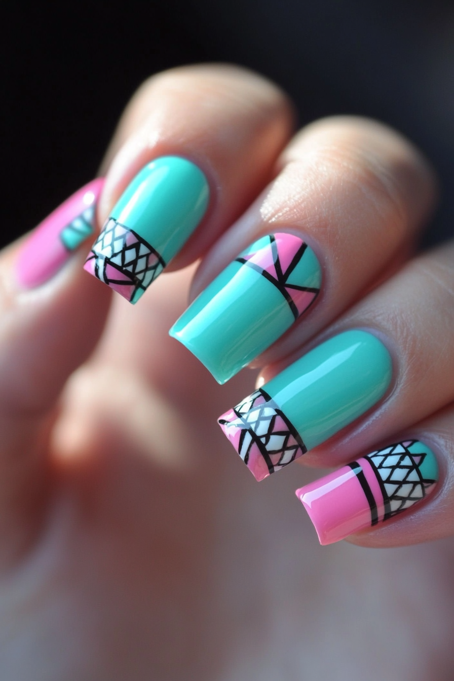 22. Teal and Pink Geometric French Tips (Teal Color Nail Design Ideas) - Teal Color Nail Design Ideas