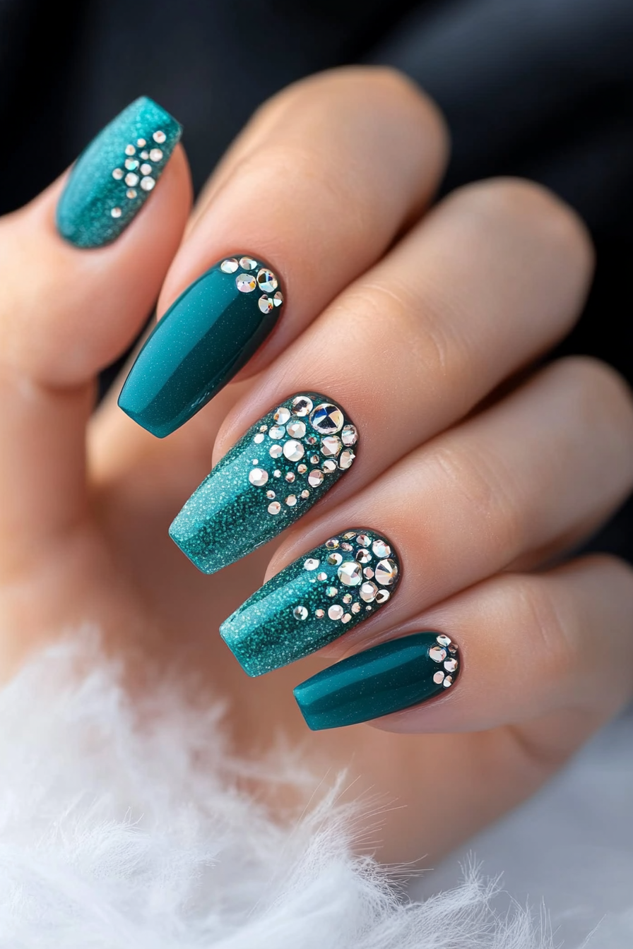 23. Teal with Crystal Embellishments (Teal Color Nail Design Ideas) - Teal Color Nail Design Ideas