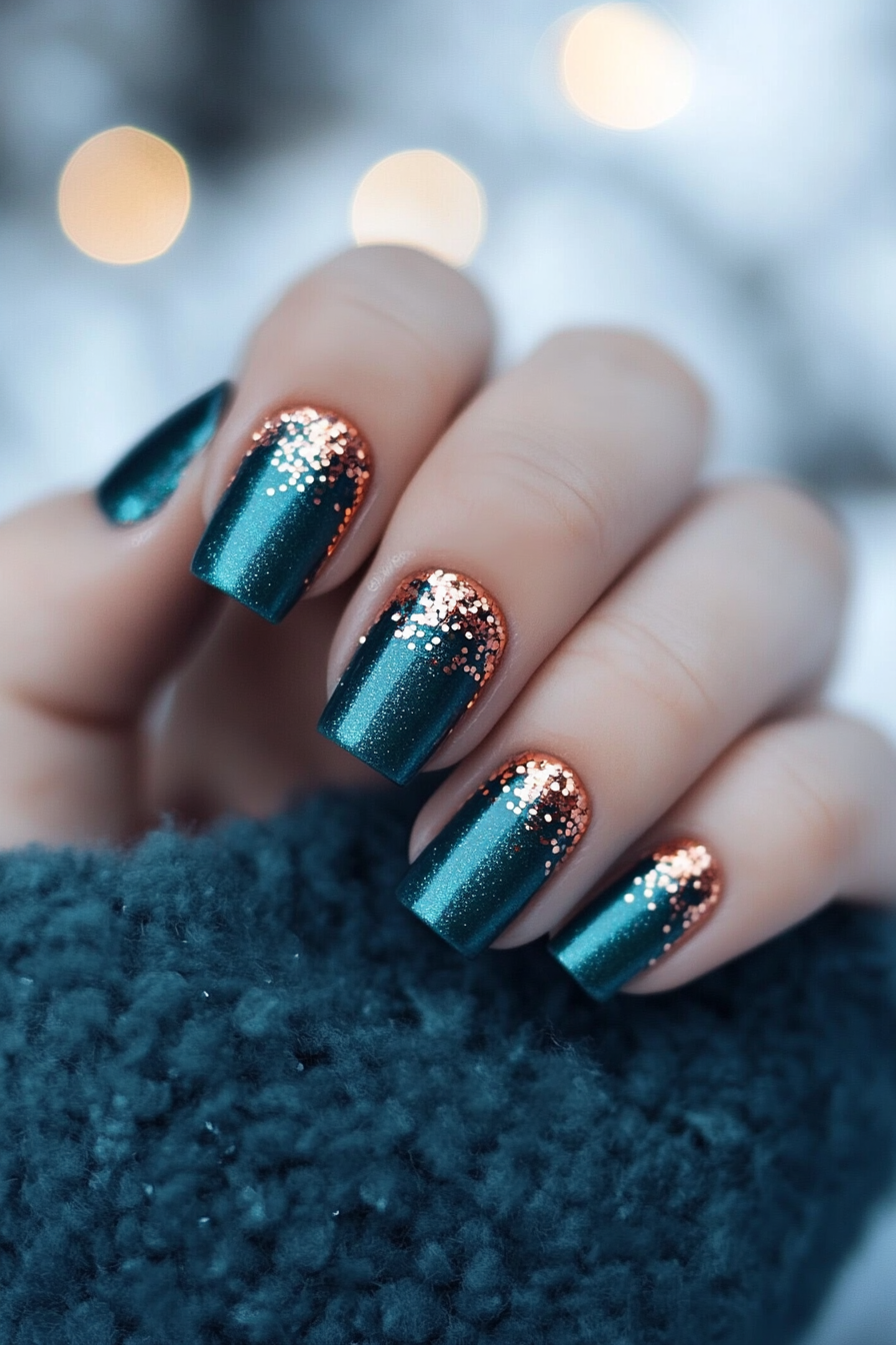 24. Teal and Copper Glitter (Teal Color Nail Design Ideas) - Teal Color Nail Design Ideas