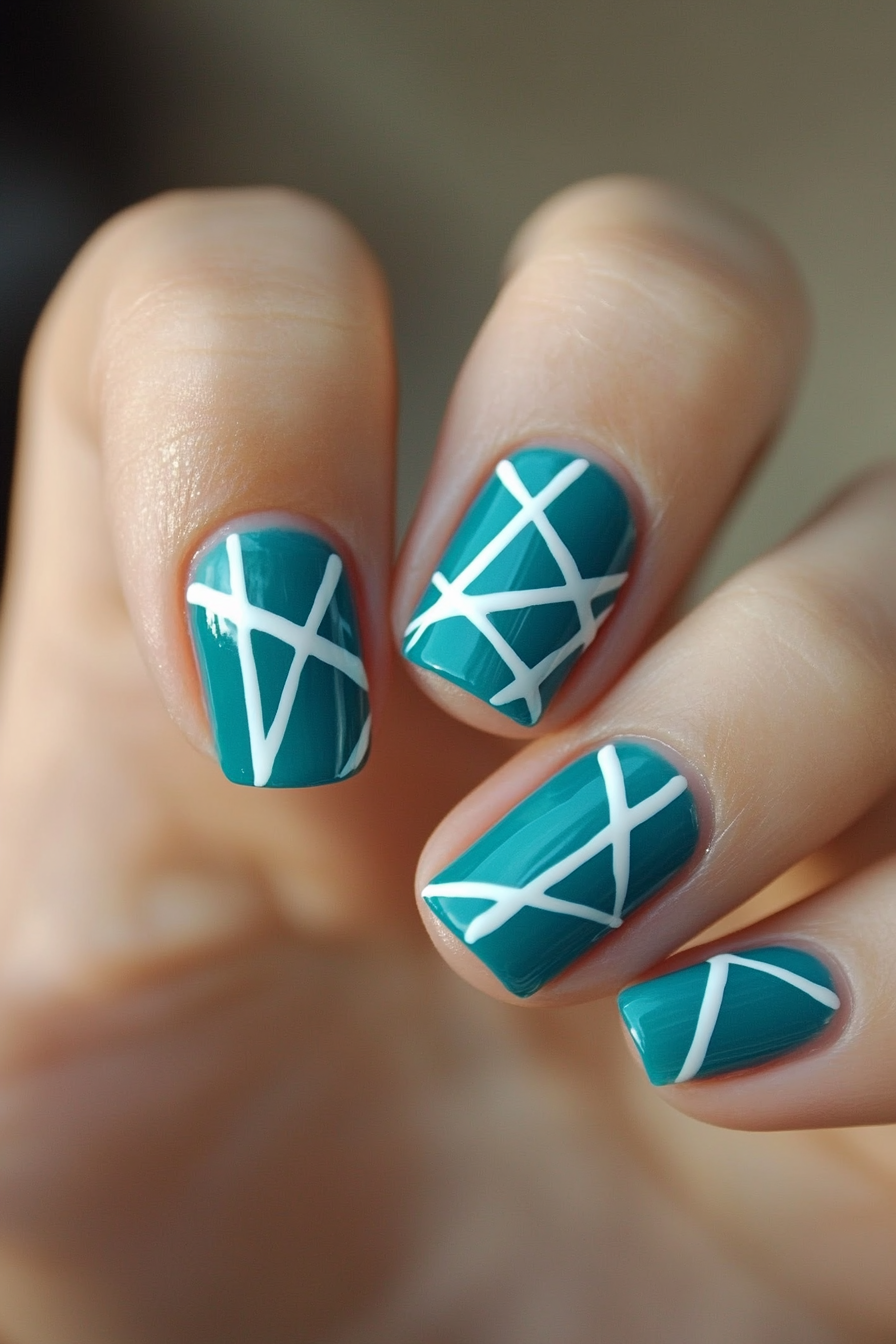 25. Teal and White Geometric Lines (Teal Color Nail Design Ideas) - Teal Color Nail Design Ideas