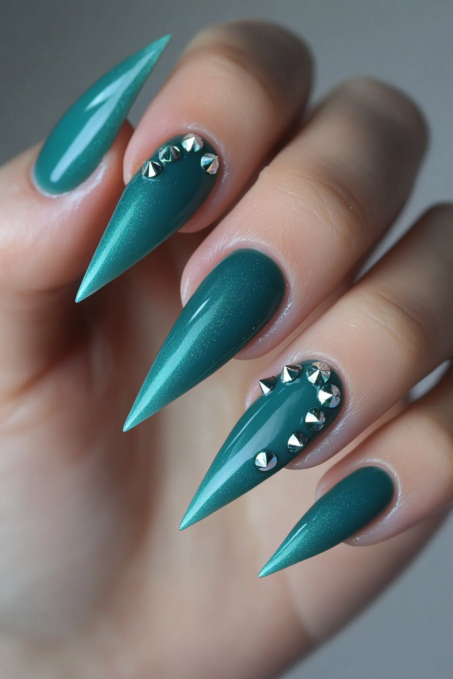 26. Teal Stiletto Nails with Stud Accents (Teal Color Nail Design Ideas) - Teal Color Nail Design Ideas
