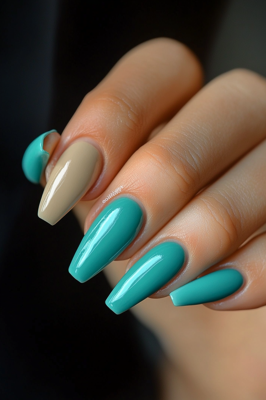 27. Teal Reverse French Manicure (Teal Color Nail Design Ideas) - Teal Color Nail Design Ideas