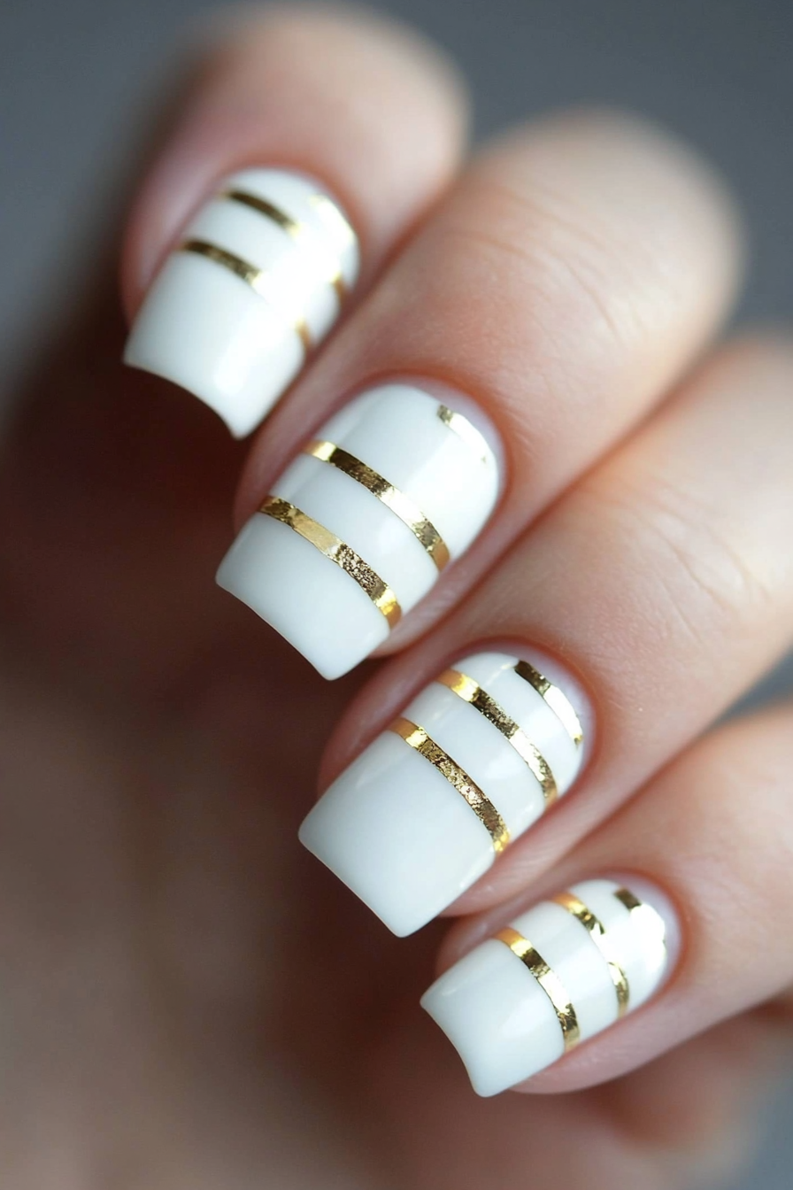 1. Minimalist Gold Stripes (White And Gold Nail Design Ideas) - White And Gold Nail Design Ideas