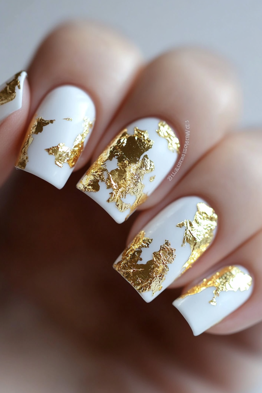2. Gold Foil Accent Nails (White And Gold Nail Design Ideas) - White And Gold Nail Design Ideas