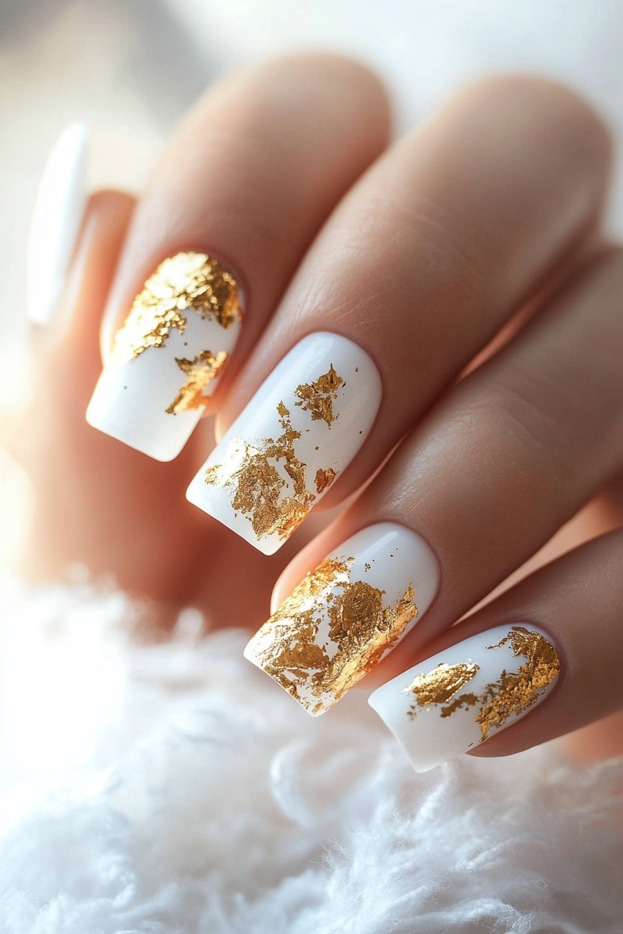 4. Gold Leaf Texture on White (White And Gold Nail Design Ideas) - White And Gold Nail Design Ideas
