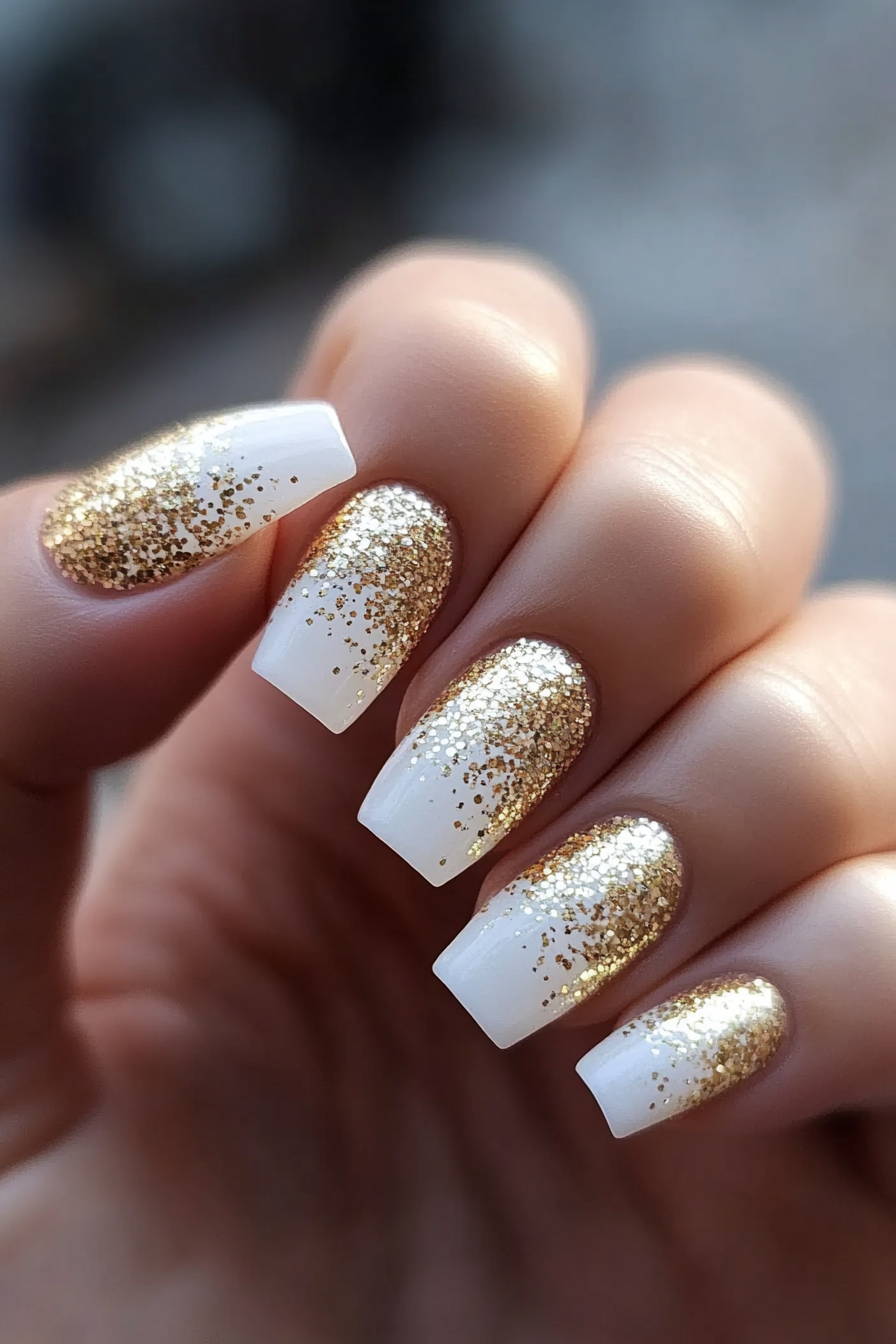 5. Gold Glitter Gradient (White And Gold Nail Design Ideas) - White And Gold Nail Design Ideas