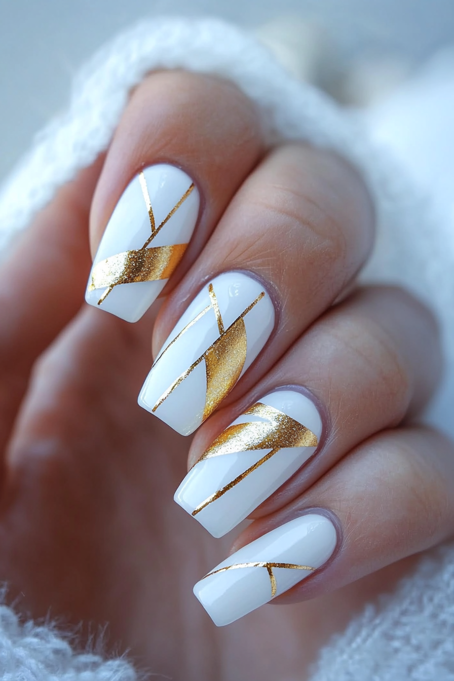 6. Geometric Gold and White Lines (White And Gold Nail Design Ideas) - White And Gold Nail Design Ideas