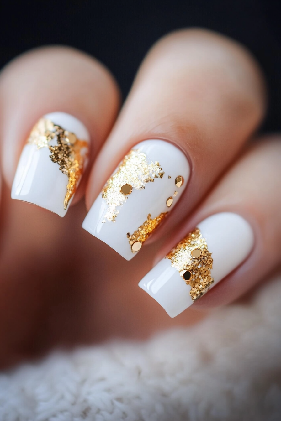 8. Gold Rhinestones on White (White And Gold Nail Design Ideas) - White And Gold Nail Design Ideas