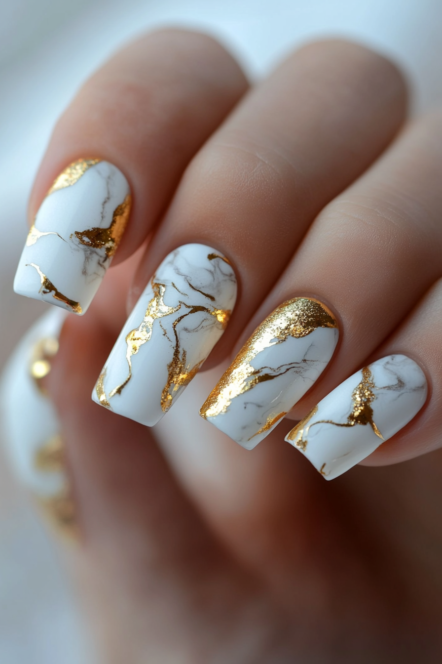 11. Gold Marbling on White (White And Gold Nail Design Ideas) - White And Gold Nail Design Ideas