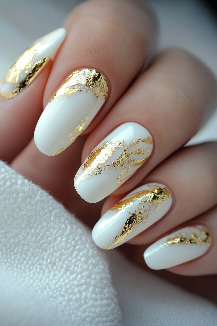 14. Golden Foil Streaks on White (White And Gold Nail Design Ideas) - White And Gold Nail Design Ideas