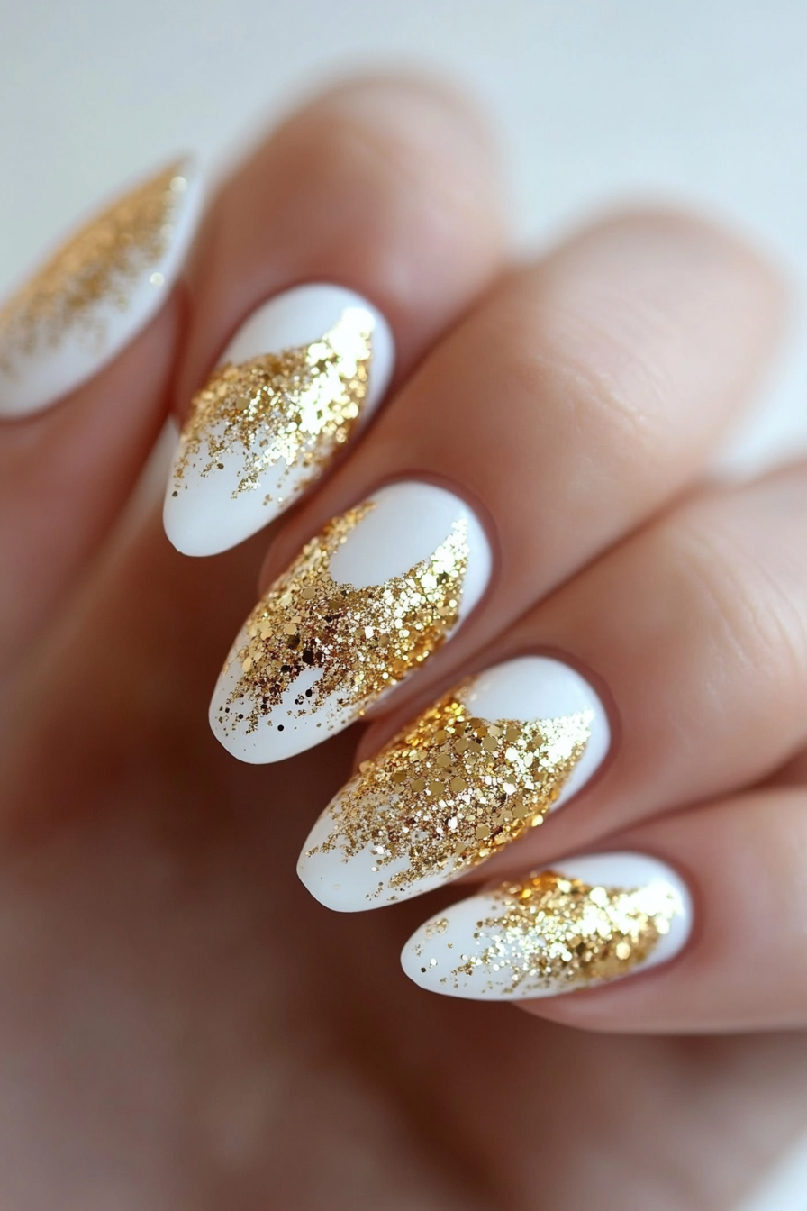 15. White Nails with Gold Glitter Tips (White And Gold Nail Design Ideas) - White And Gold Nail Design Ideas
