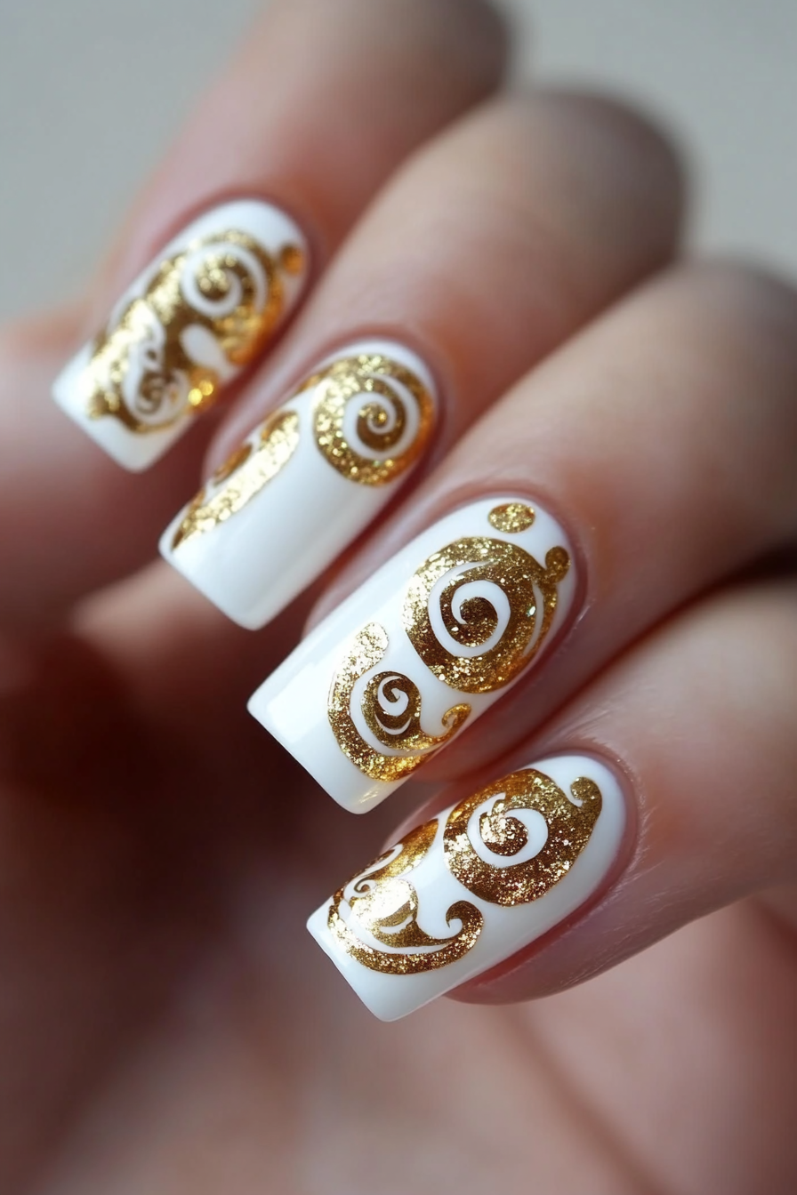 16. Gold Spiral Accent (White And Gold Nail Design Ideas) - White And Gold Nail Design Ideas