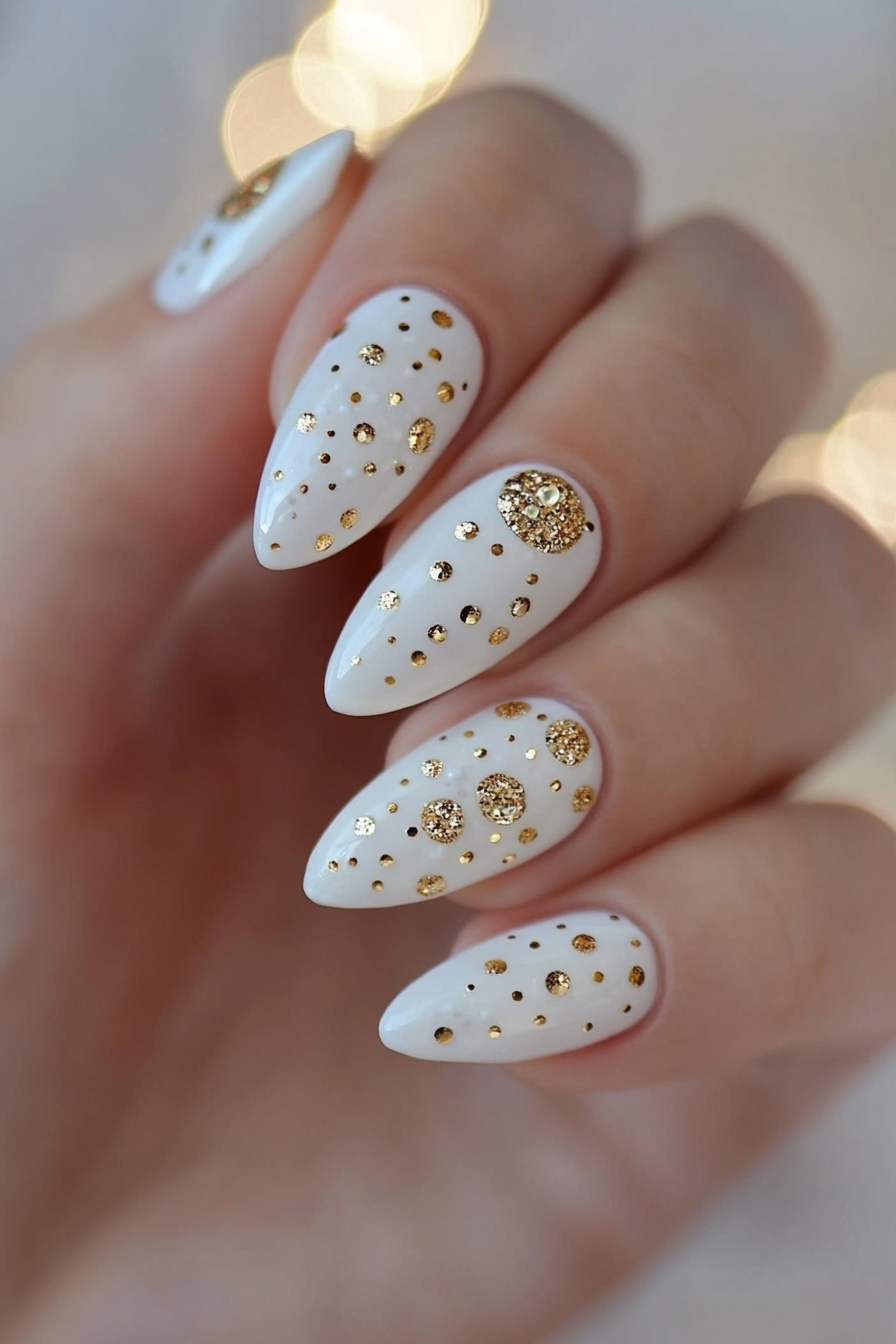 17. Gold Studded White Nails (White And Gold Nail Design Ideas) - White And Gold Nail Design Ideas