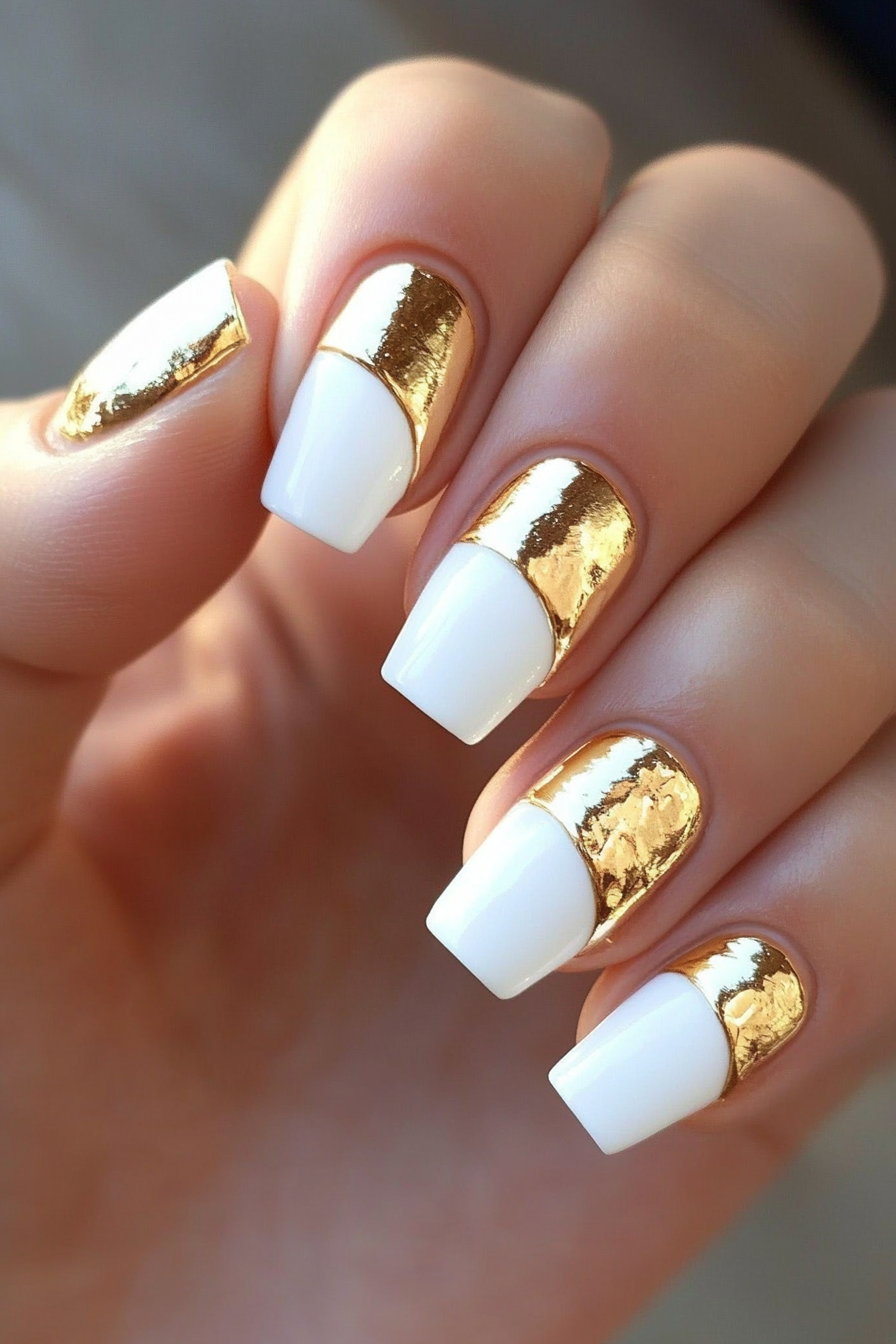 18. Gold Dipped White Nails (White And Gold Nail Design Ideas) - White And Gold Nail Design Ideas