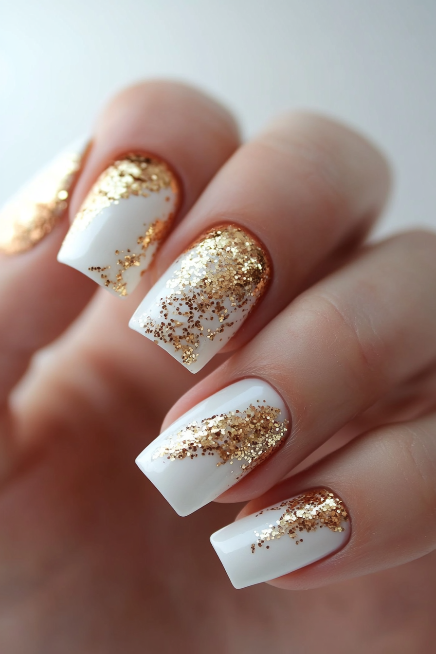 20. Gold Glitter Accents with White Base (White And Gold Nail Design Ideas) - White And Gold Nail Design Ideas