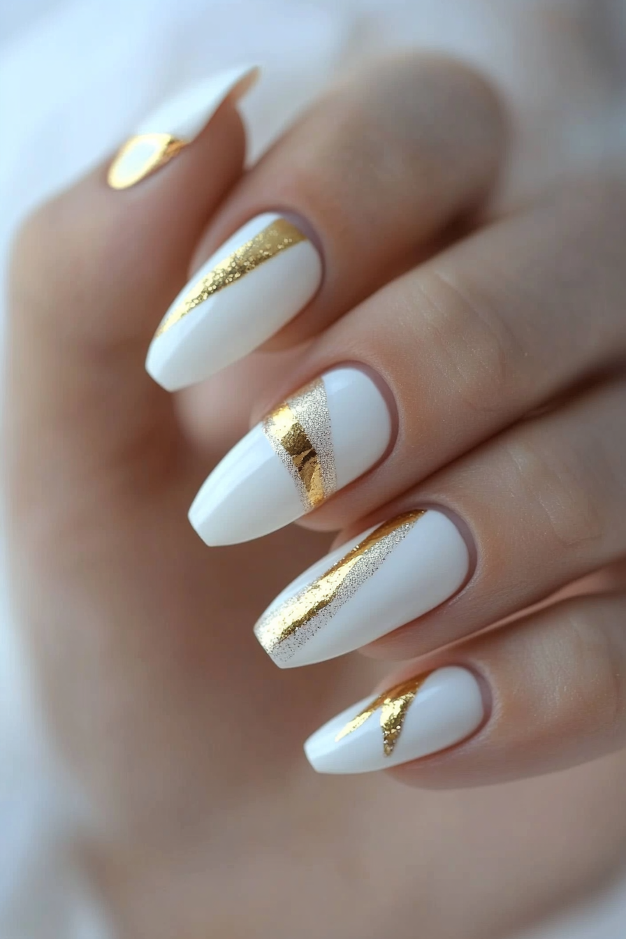 21. Gold Streaks with White Negative Space (White And Gold Nail Design Ideas) - White And Gold Nail Design Ideas