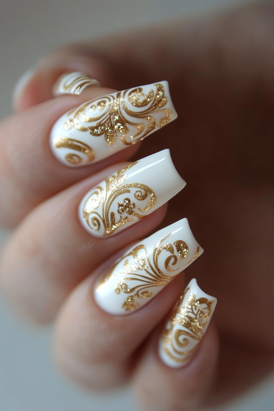 22. Matte White with Gold Detailing (White And Gold Nail Design Ideas) - White And Gold Nail Design Ideas