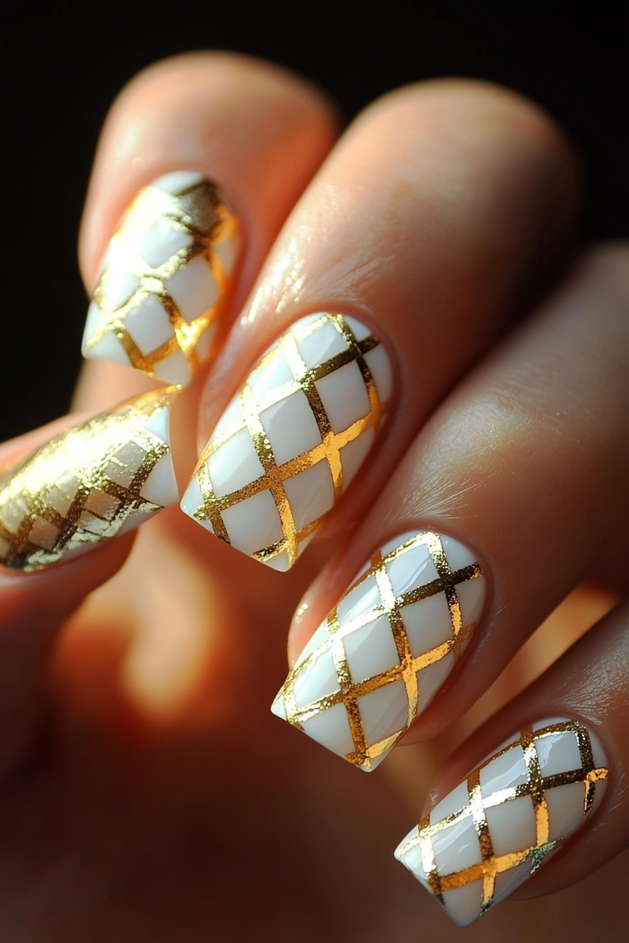 25. White Base with Gold Lattice Design (White And Gold Nail Design Ideas) - White And Gold Nail Design Ideas