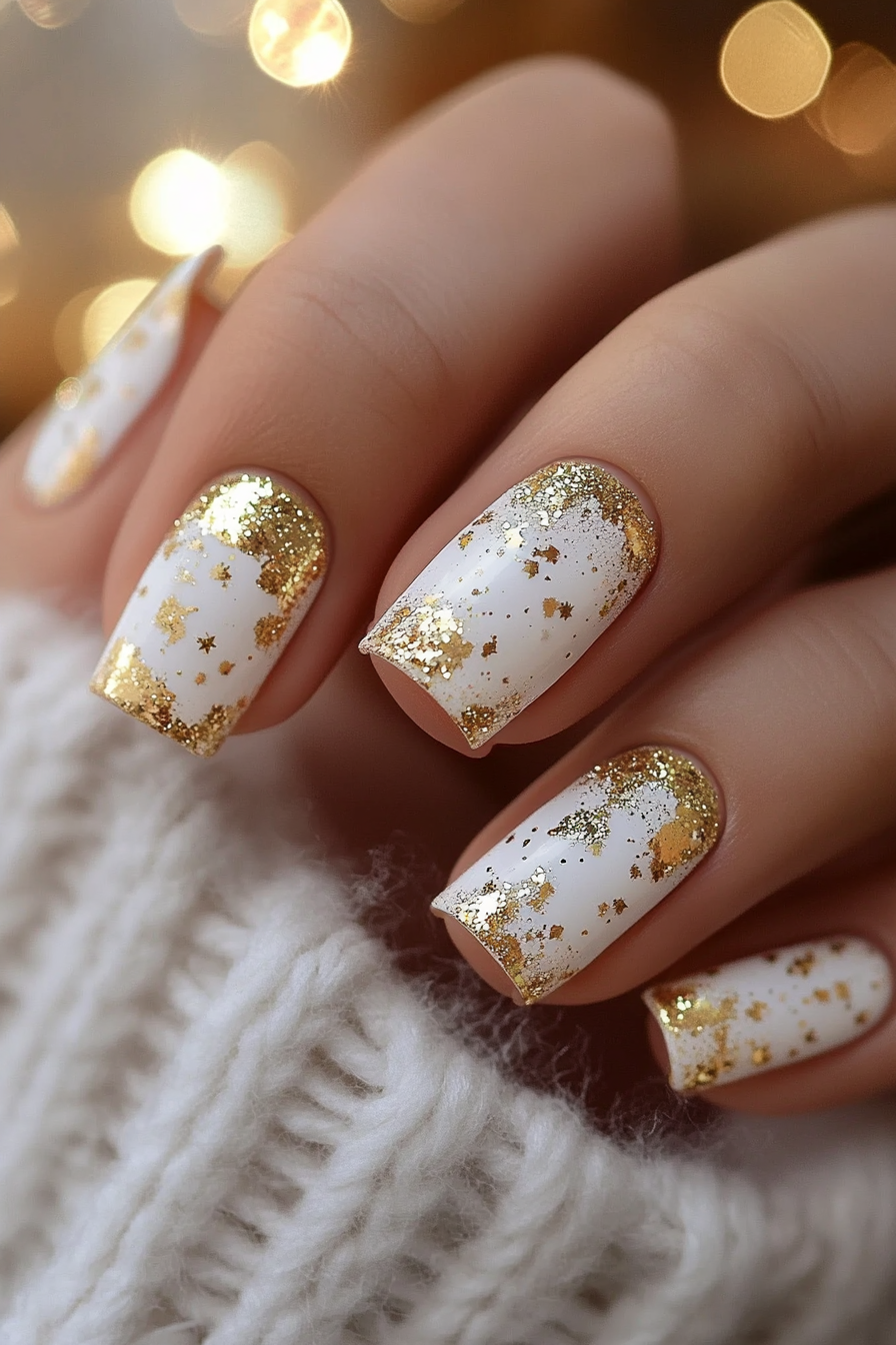 26. Gold and White Confetti Nails (White And Gold Nail Design Ideas) - White And Gold Nail Design Ideas