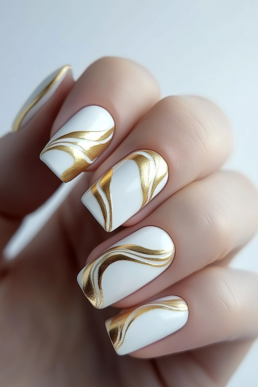 27. Gold Wave Pattern on White (White And Gold Nail Design Ideas) - White And Gold Nail Design Ideas