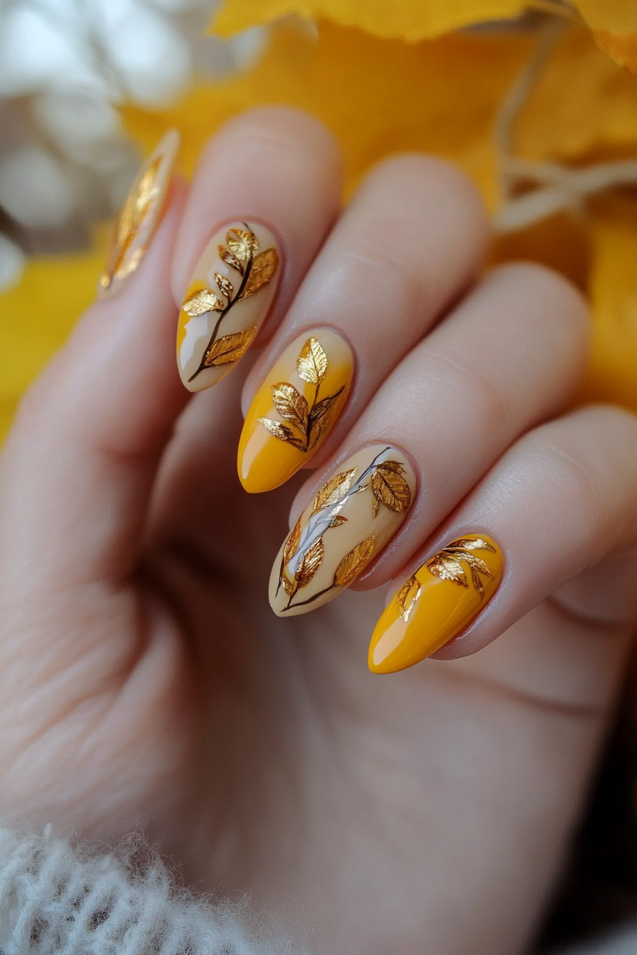 2. Golden Leaves Fall (Autumn Nail Design Ideas) - Autumn Nail Design Ideas