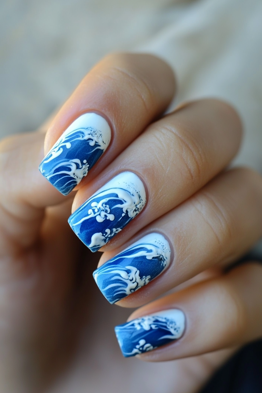 1. Ocean Waves (Blue And White Nail Design Ideas) - Blue And White Nail Design Ideas