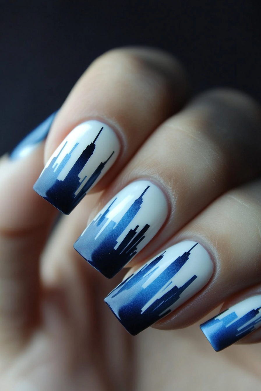 2. Skyline Silhouette (Blue And White Nail Design Ideas) - Blue And White Nail Design Ideas