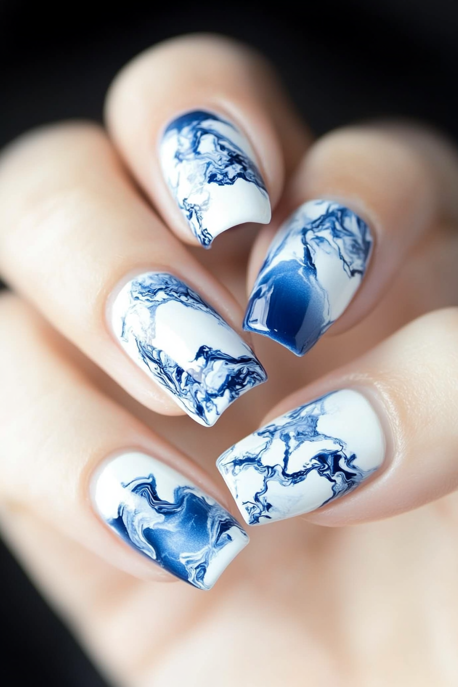 4. Blue and White Marble (Blue And White Nail Design Ideas) - Blue And White Nail Design Ideas