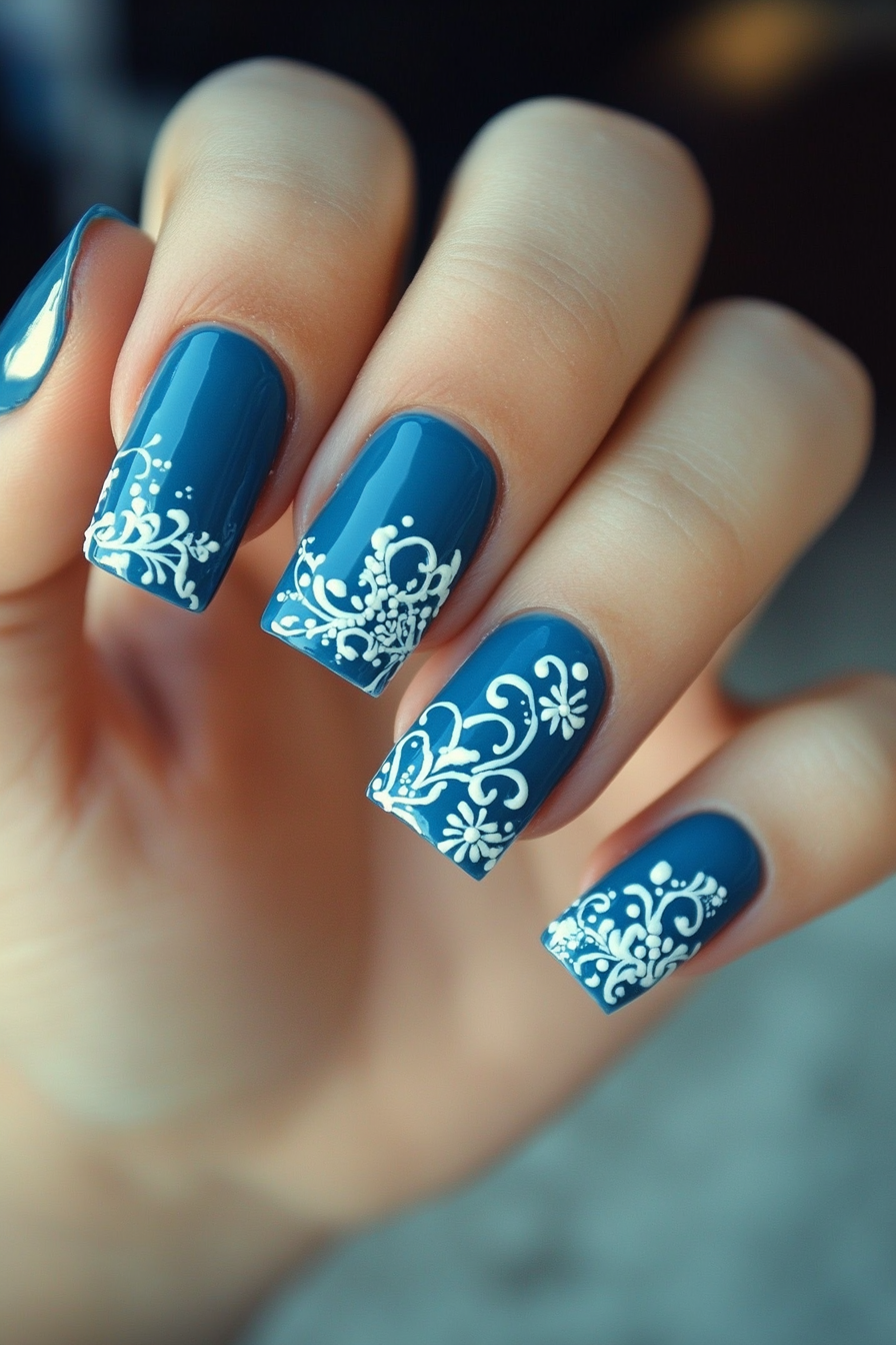 5. White Lace Accents (Blue And White Nail Design Ideas) - Blue And White Nail Design Ideas