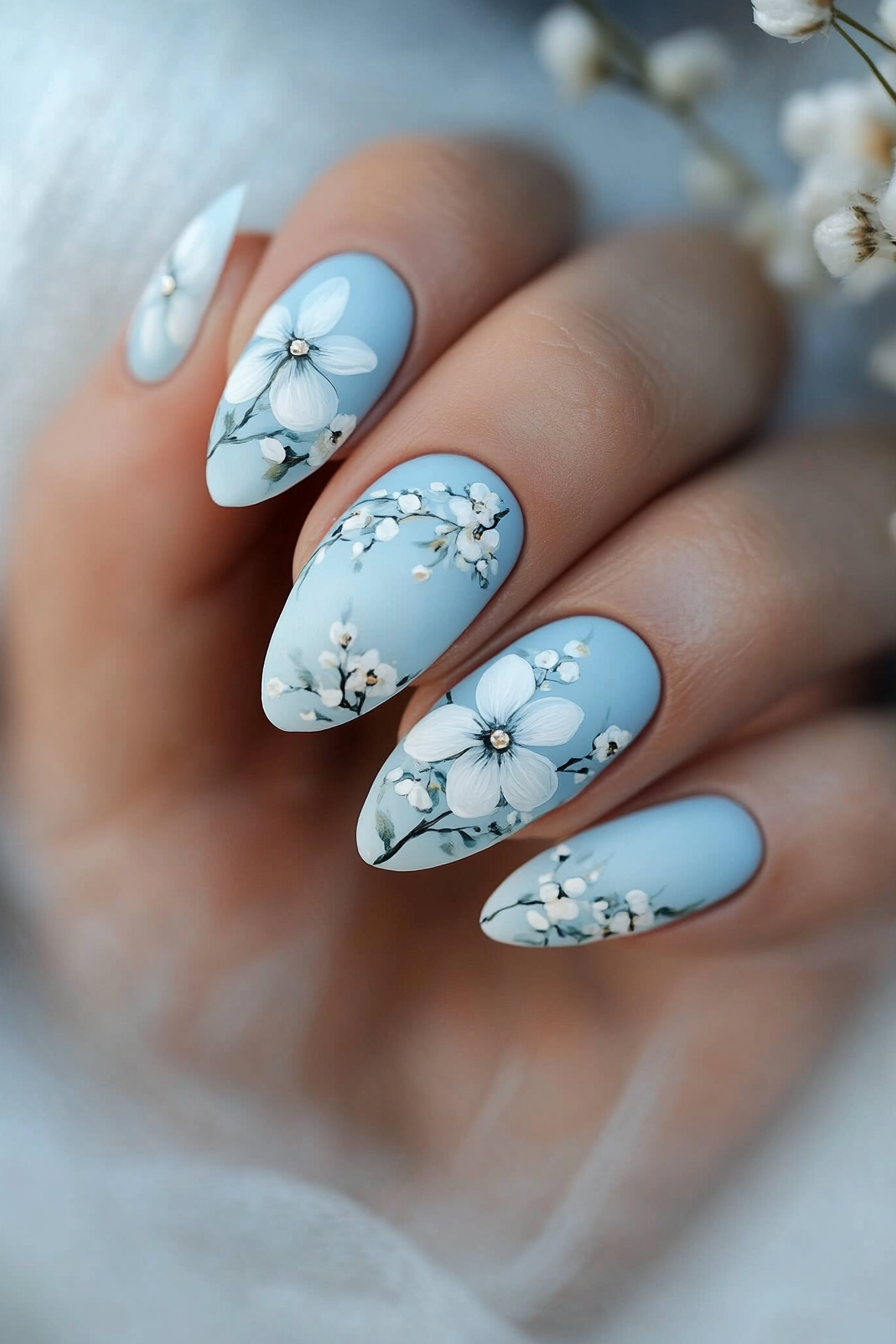 11. Floral Bliss (Blue And White Nail Design Ideas) - Blue And White Nail Design Ideas