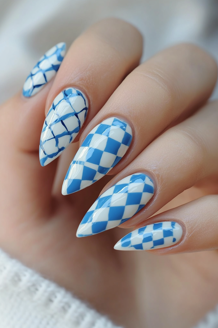 12. Checkerboard Chic (Blue And White Nail Design Ideas) - Blue And White Nail Design Ideas