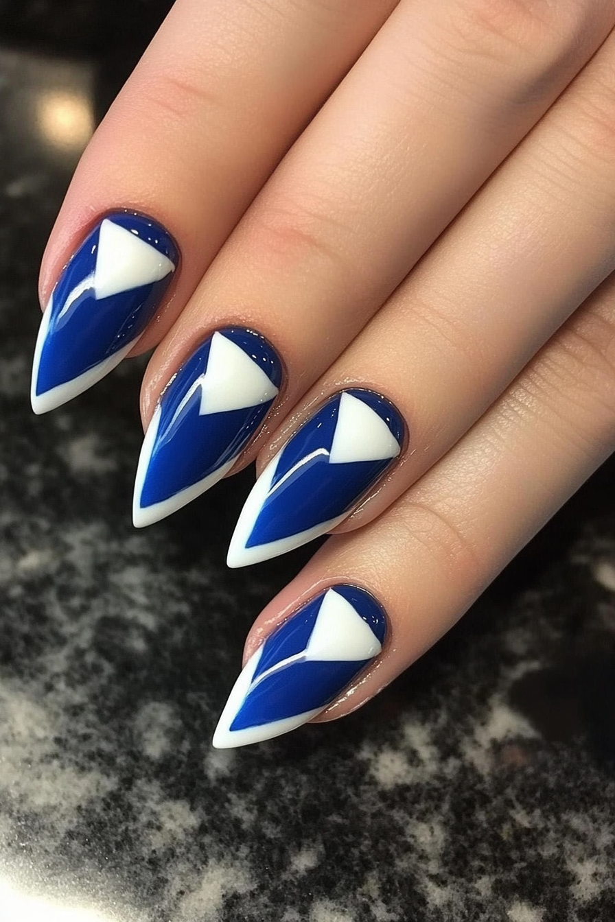 15. Blue and White Triangles (Blue And White Nail Design Ideas) - Blue And White Nail Design Ideas
