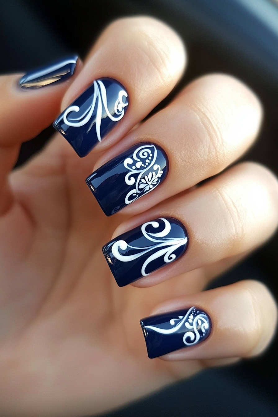 16. Elegant Swirls (Blue And White Nail Design Ideas) - Blue And White Nail Design Ideas