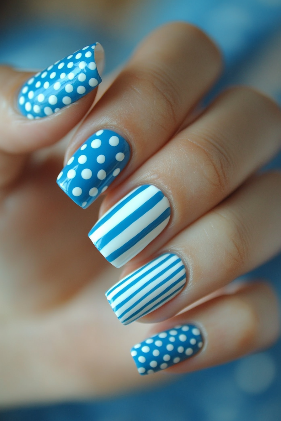 20. Striking Dots and Stripes (Blue And White Nail Design Ideas) - Blue And White Nail Design Ideas