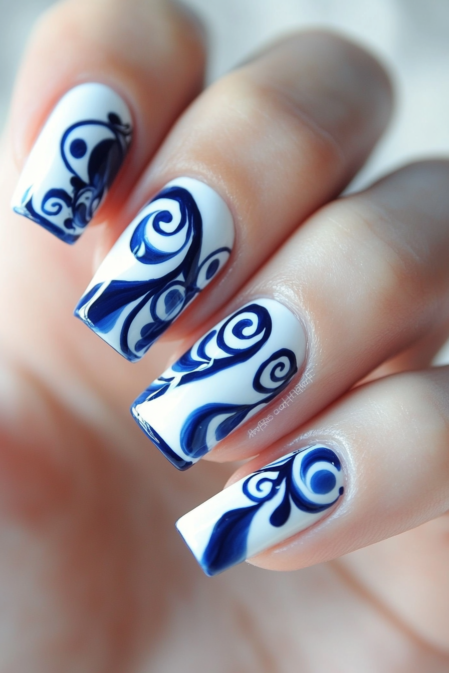 21. Blue and White Swirls (Blue And White Nail Design Ideas) - Blue And White Nail Design Ideas