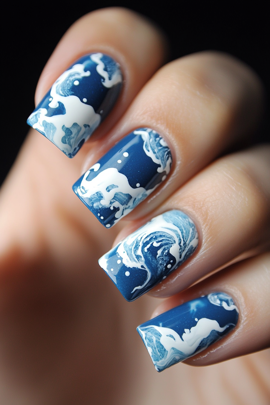 23. Whimsical Waves (Blue And White Nail Design Ideas) - Blue And White Nail Design Ideas