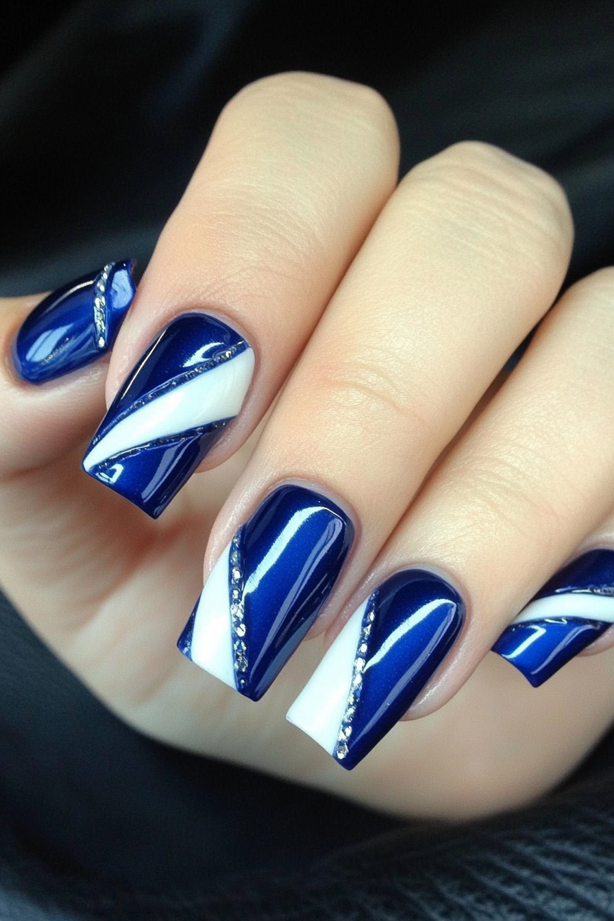 26. Diagonal Divide (Blue And White Nail Design Ideas) - Blue And White Nail Design Ideas